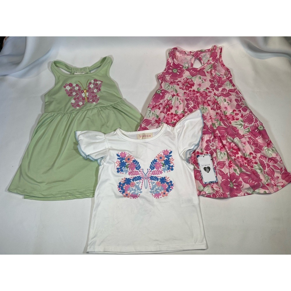 Btween 2T Girls Summer Dresses Set Of 2 Plus White Butterfly Shirt Green Pink